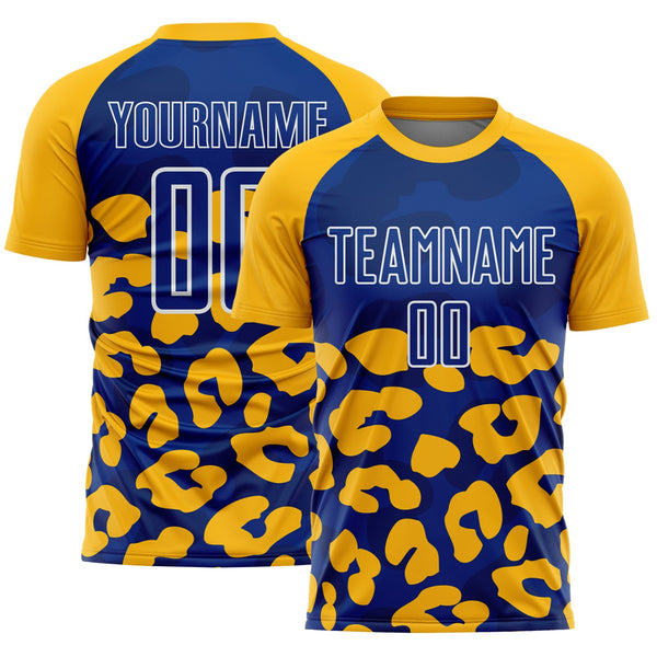 Custom Gold Royal-White Animal Leopard Print Sports Sublimation Soccer Uniform Jersey