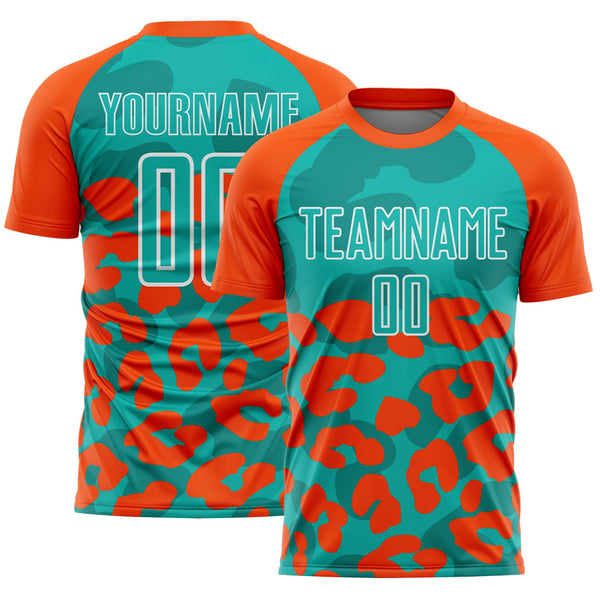 Custom Orange Aqua-White Animal Leopard Print Sports Sublimation Soccer Uniform Jersey