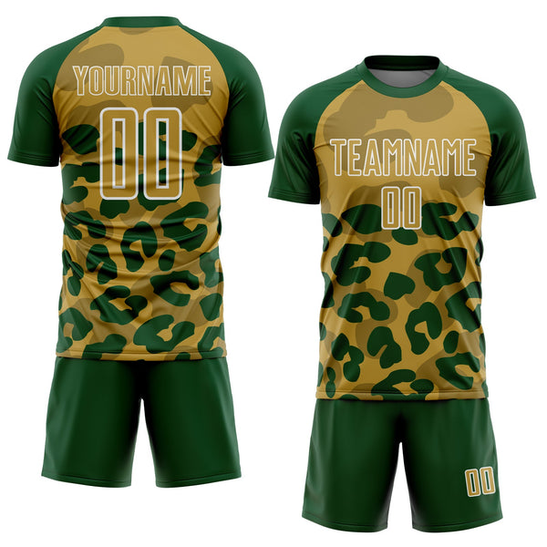 Custom Green Old Gold-White Animal Leopard Print Sports Sublimation Soccer Uniform Jersey alternate