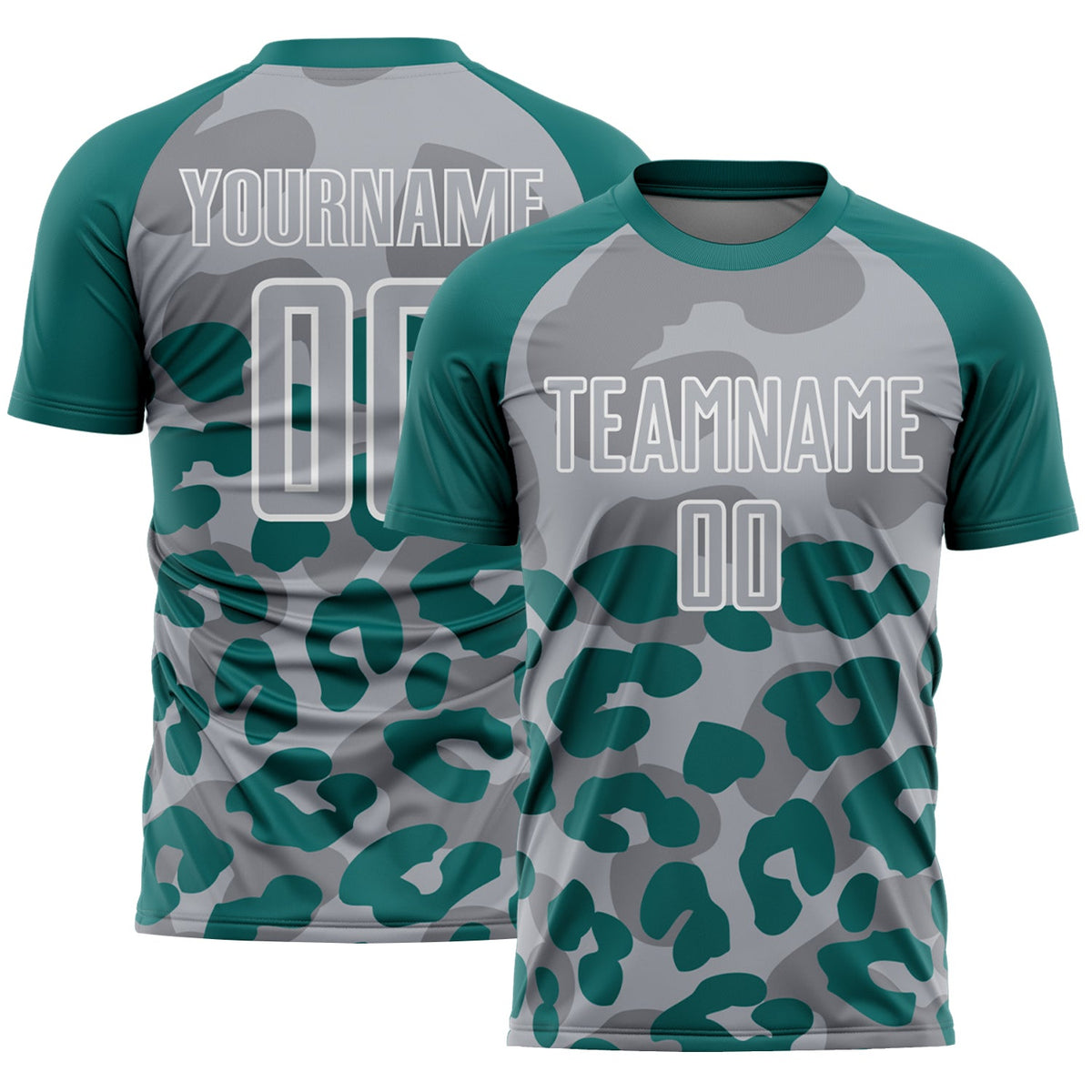 Custom Teal Gray-White Animal Leopard Print Sports Sublimation Soccer Uniform Jersey