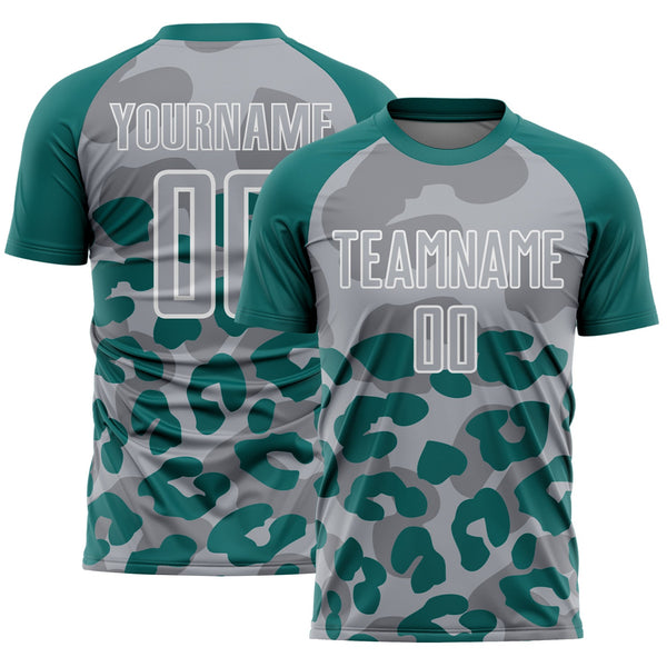 Custom Teal Gray-White Animal Leopard Print Sports Sublimation Soccer Uniform Jersey