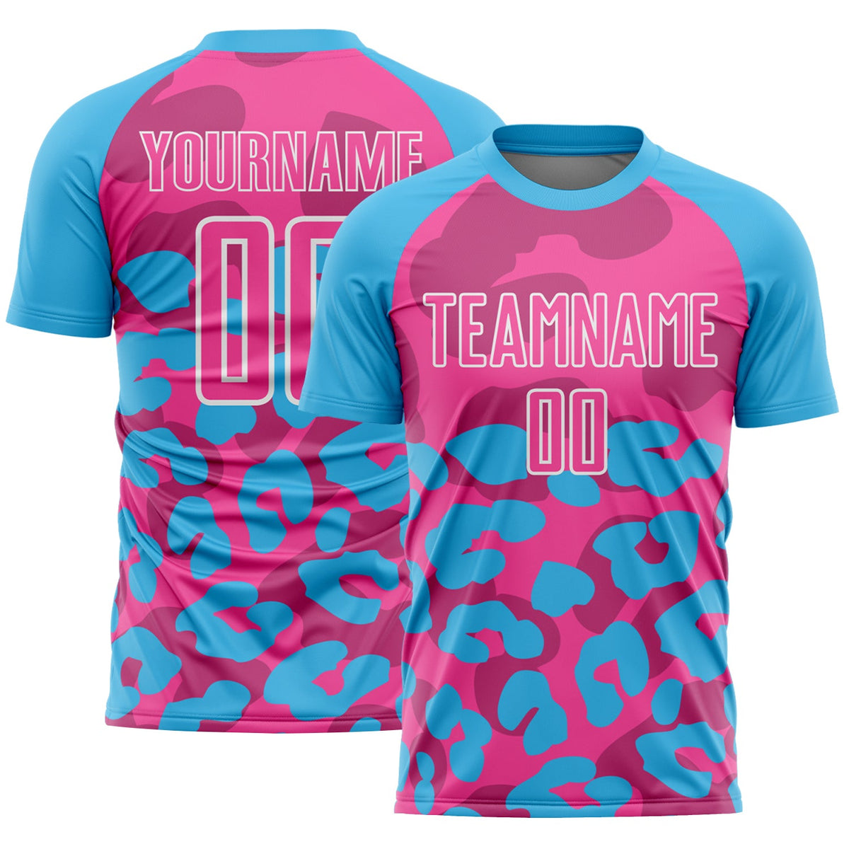 Custom Sky Blue Pink-White Animal Leopard Print Sports Sublimation Soccer Uniform Jersey