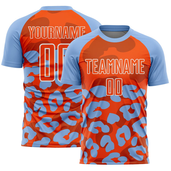 Custom Light Blue Orange-White Animal Leopard Print Sports Sublimation Soccer Uniform Jersey