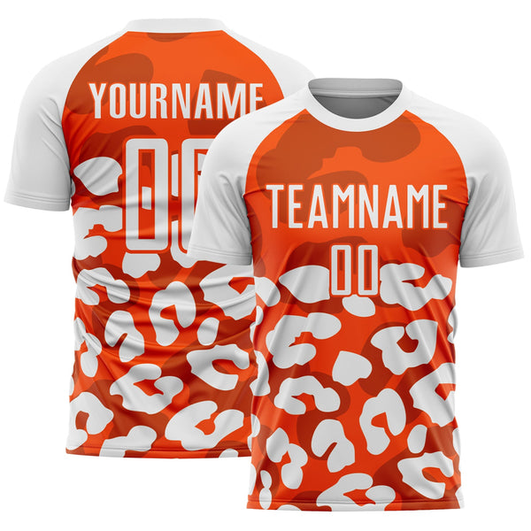 Custom White Orange Animal Leopard Print Sports Sublimation Soccer Uniform Jersey