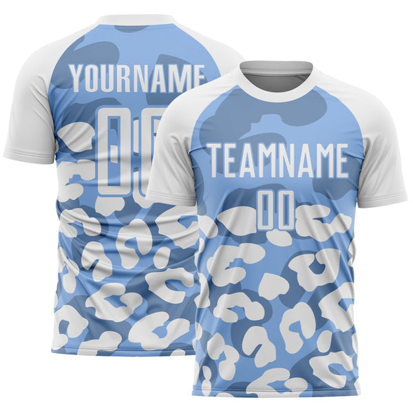 Custom White Light Blue Animal Leopard Print Sports Sublimation Soccer Uniform Jersey
