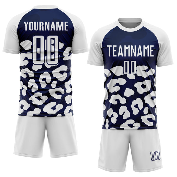 Custom White Navy Animal Leopard Print Sports Sublimation Soccer Uniform Jersey alternate