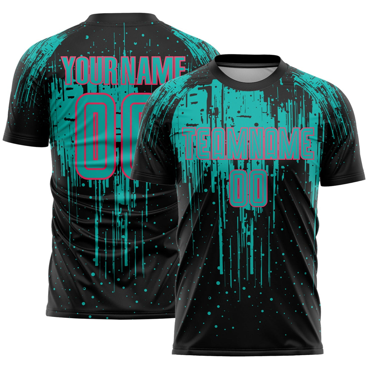 Custom Black Aqua-Neon Pink Dripping Splatte Pattern Sports Sublimation Soccer Uniform Jersey