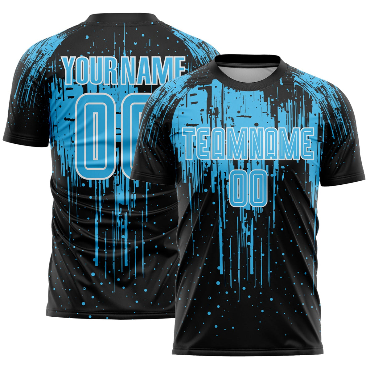 Custom Black Sky Blue-White Dripping Splatte Pattern Sports Sublimation Soccer Uniform Jersey