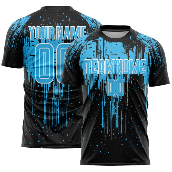 Custom Black Sky Blue-White Dripping Splatte Pattern Sports Sublimation Soccer Uniform Jersey