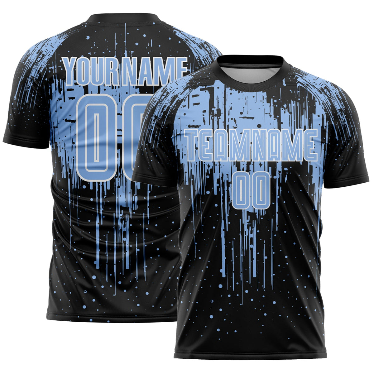 Custom Black Light Blue-White Dripping Splatte Pattern Sports Sublimation Soccer Uniform Jersey