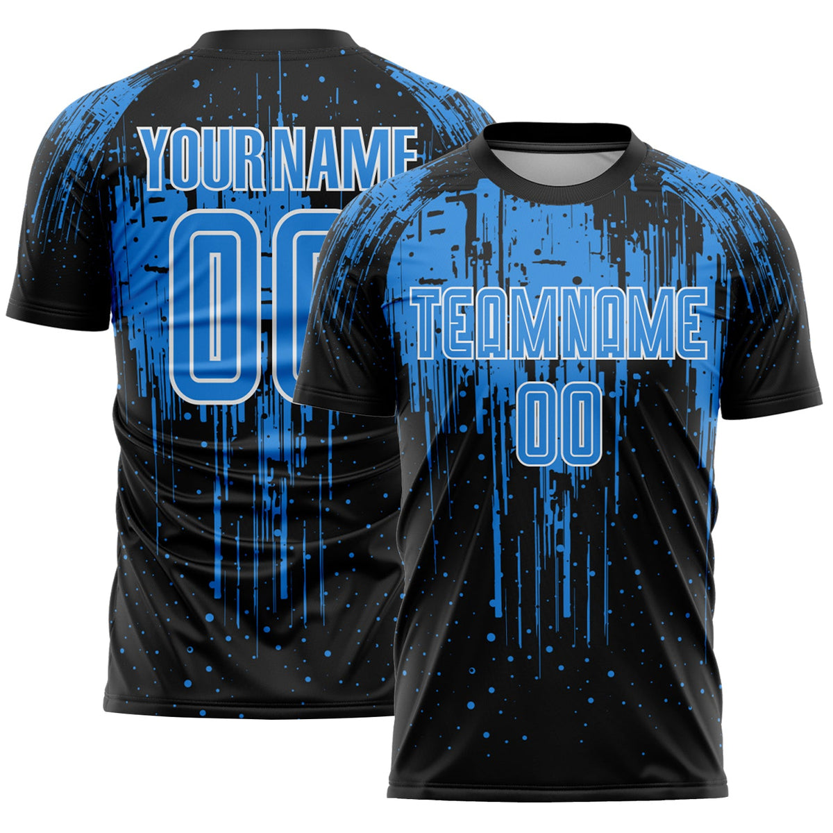 Custom Black Powder Blue-White Dripping Splatte Pattern Sports Sublimation Soccer Uniform Jersey