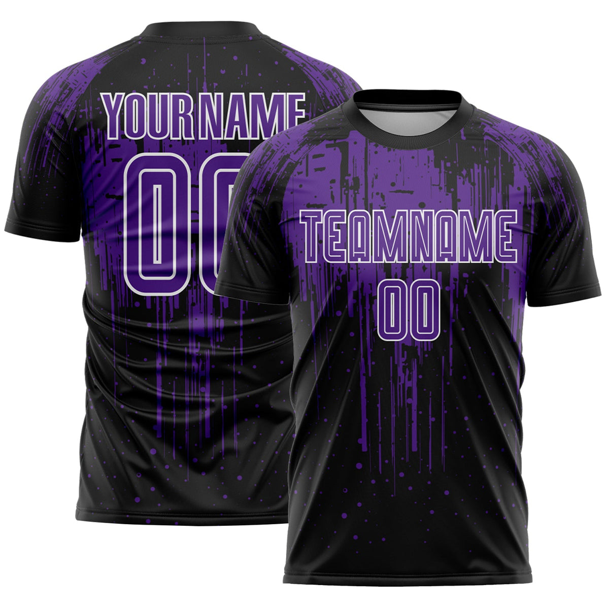 Custom Black Purple-White Dripping Splatte Pattern Sports Sublimation Soccer Uniform Jersey
