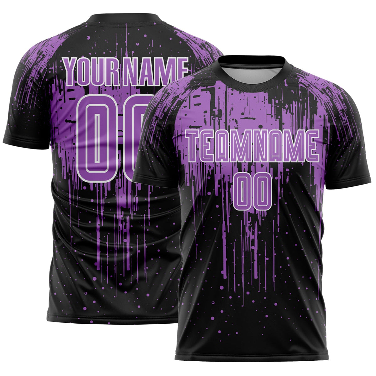 Custom Black Medium Purple-White Dripping Splatte Pattern Sports Sublimation Soccer Uniform Jersey