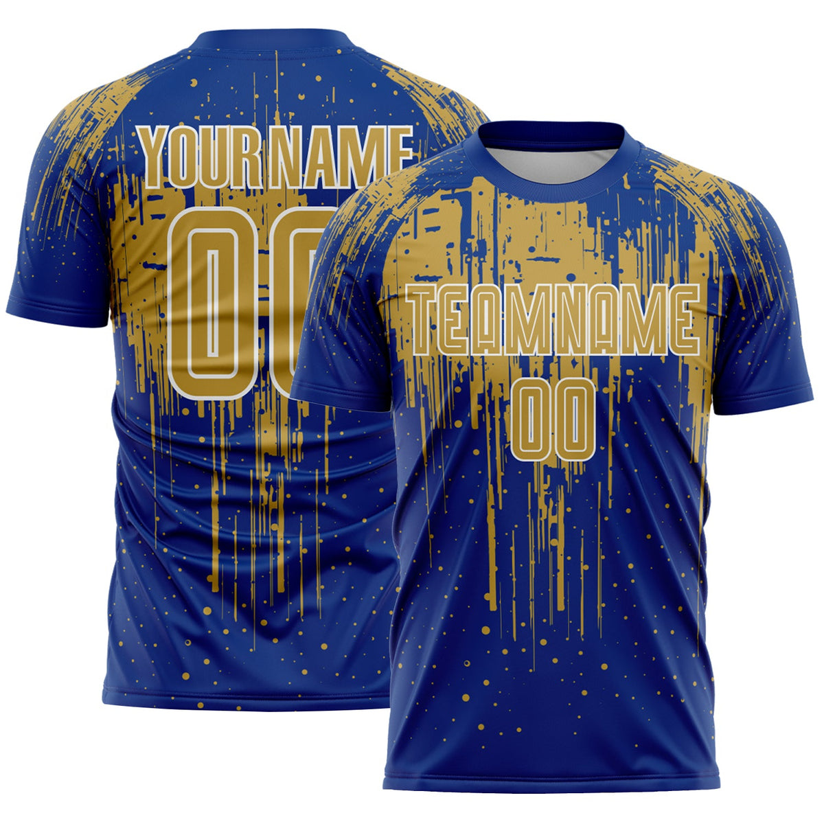 Custom Royal Old Gold-White Dripping Splatte Pattern Sports Sublimation Soccer Uniform Jersey
