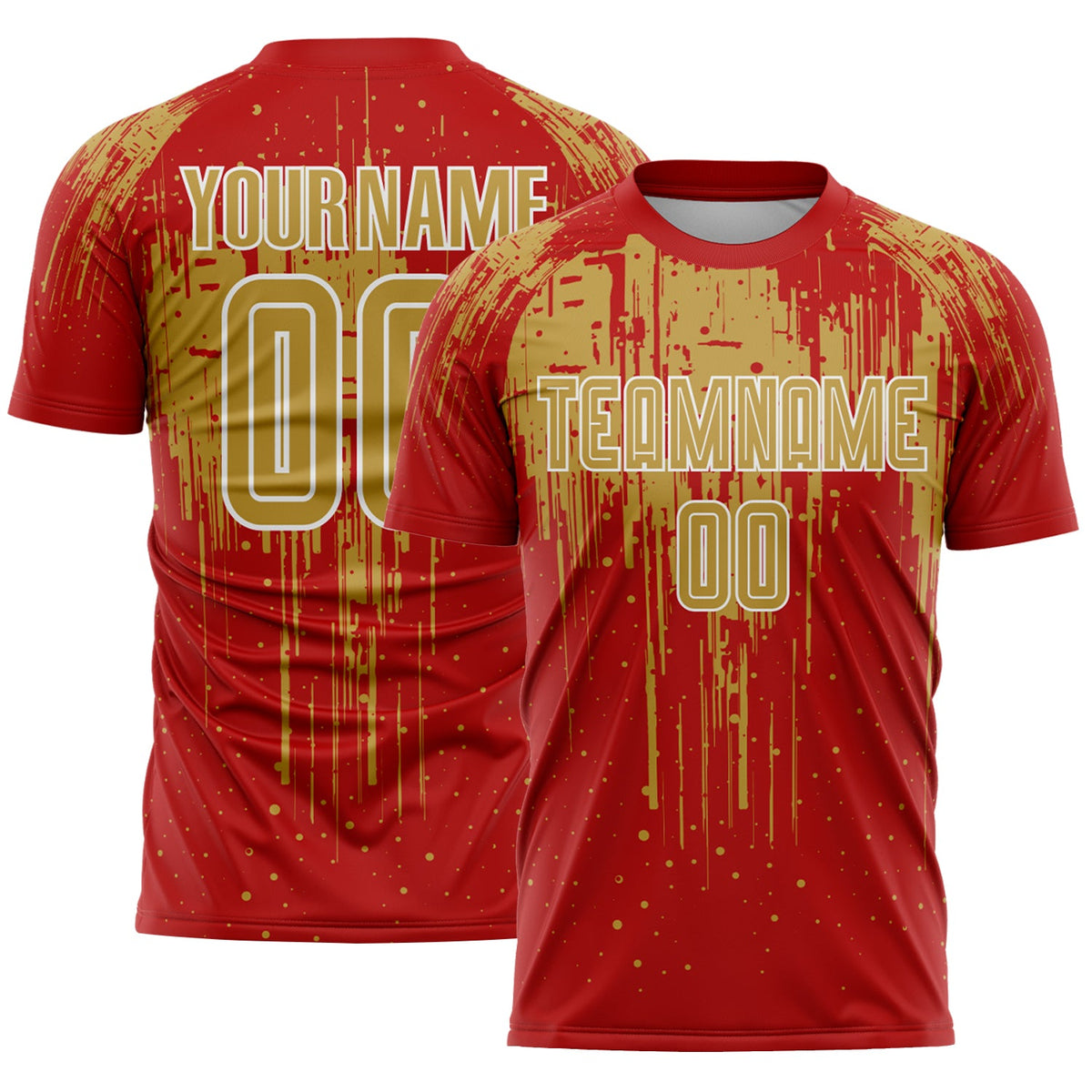 Custom Red Old Gold-White Dripping Splatte Pattern Sports Sublimation Soccer Uniform Jersey