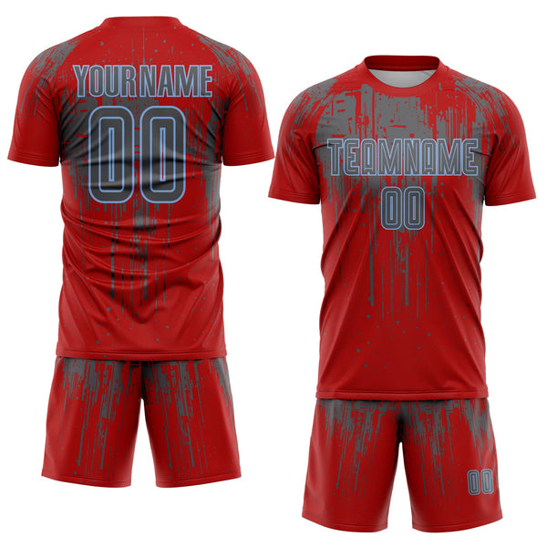 Custom Red Steel Gray-Light Blue Dripping Splatte Pattern Sports Sublimation Soccer Uniform Jersey alternate