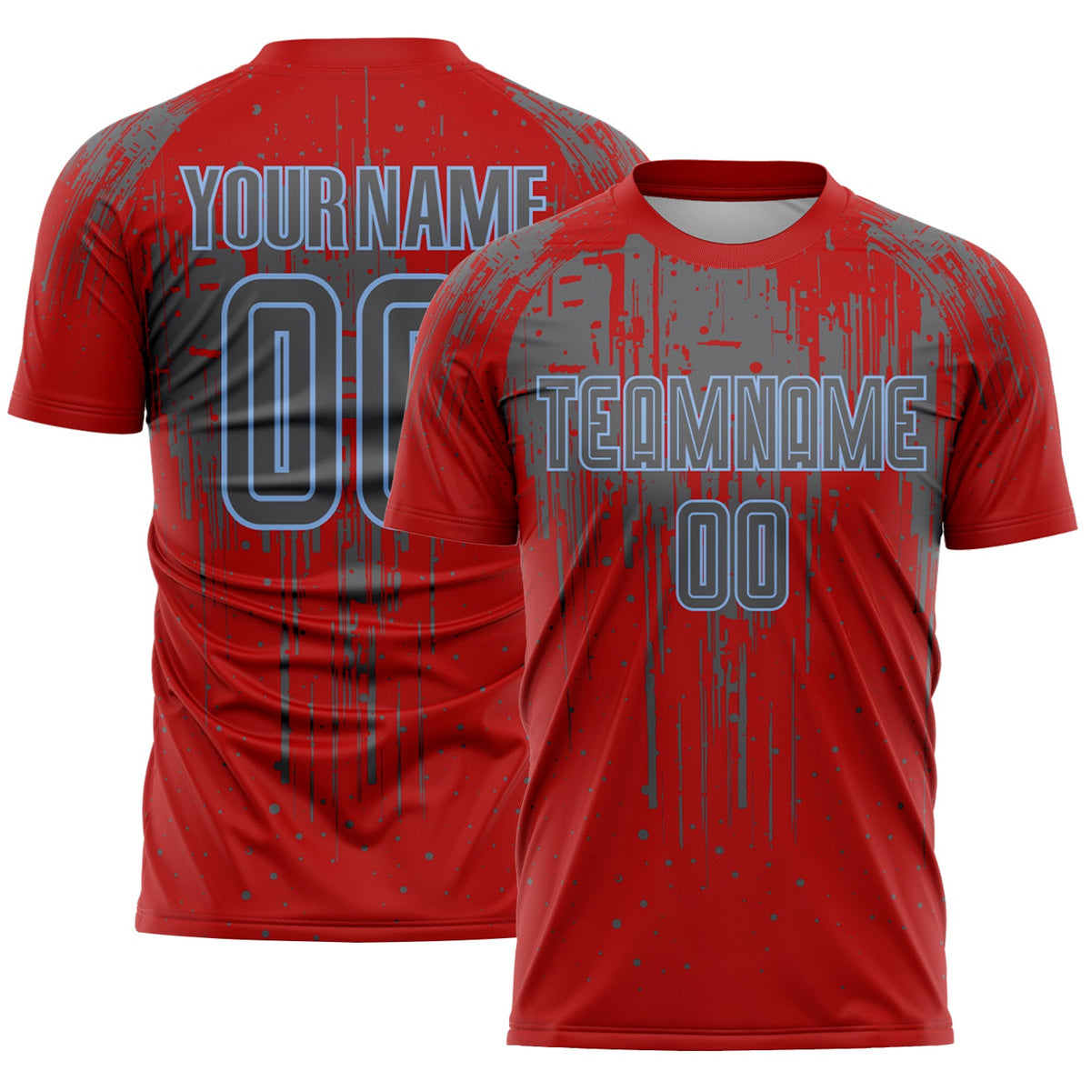 Custom Red Steel Gray-Light Blue Dripping Splatte Pattern Sports Sublimation Soccer Uniform Jersey