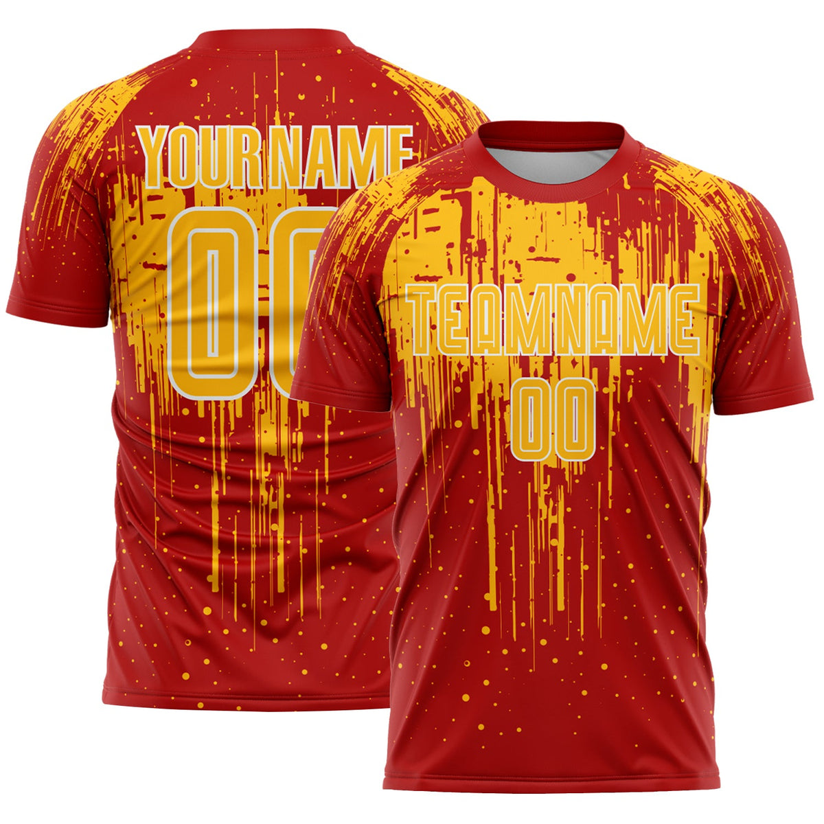 Custom Red Gold-White Dripping Splatte Pattern Sports Sublimation Soccer Uniform Jersey