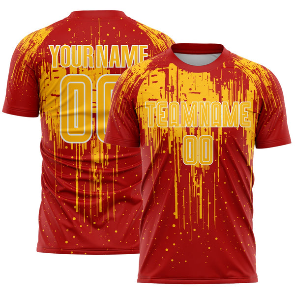 Custom Red Gold-White Dripping Splatte Pattern Sports Sublimation Soccer Uniform Jersey