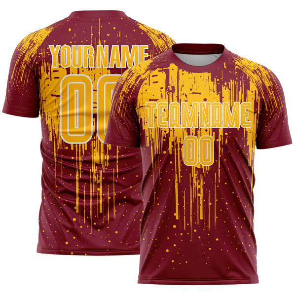 Custom Crimson Gold-White Dripping Splatte Pattern Sports Sublimation Soccer Uniform Jersey
