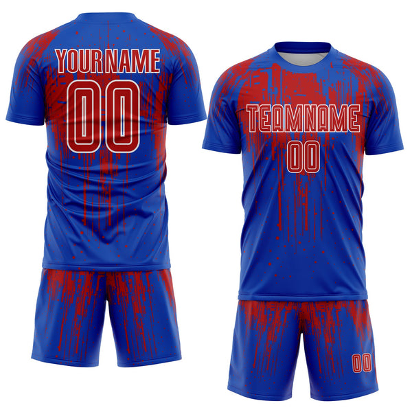 Custom Thunder Blue Red-White Dripping Splatte Pattern Sports Sublimation Soccer Uniform Jersey alternate