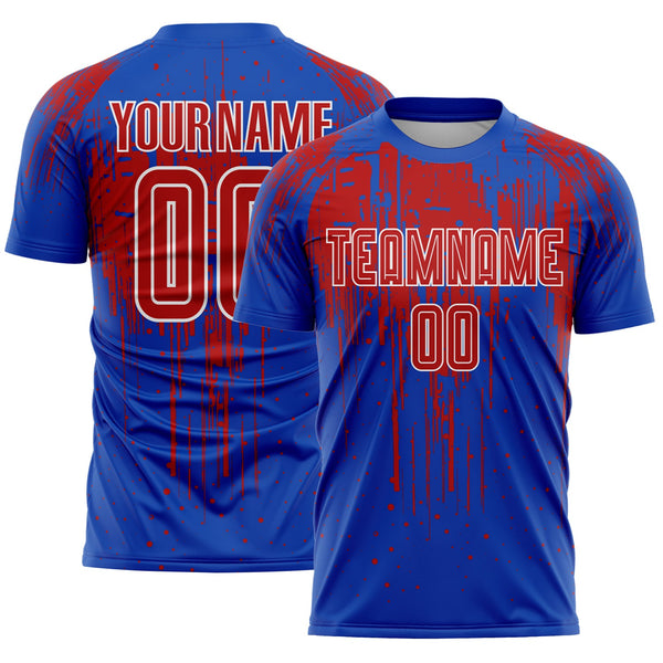 Custom Thunder Blue Red-White Dripping Splatte Pattern Sports Sublimation Soccer Uniform Jersey