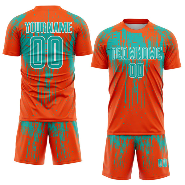 Custom Orange Aqua-White Dripping Splatte Pattern Sports Sublimation Soccer Uniform Jersey alternate