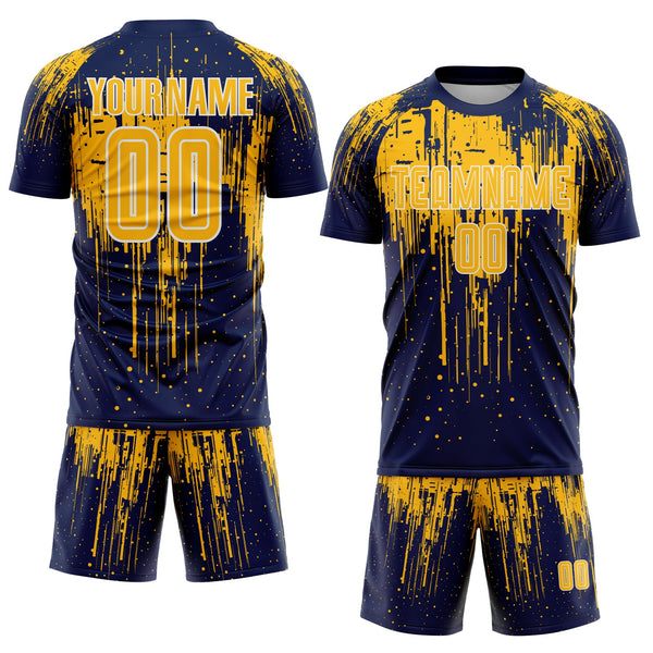 Custom Navy Gold-White Dripping Splatte Pattern Sports Sublimation Soccer Uniform Jersey alternate