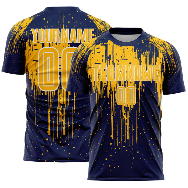 Custom Navy Gold-White Dripping Splatte Pattern Sports Sublimation Soccer Uniform Jersey