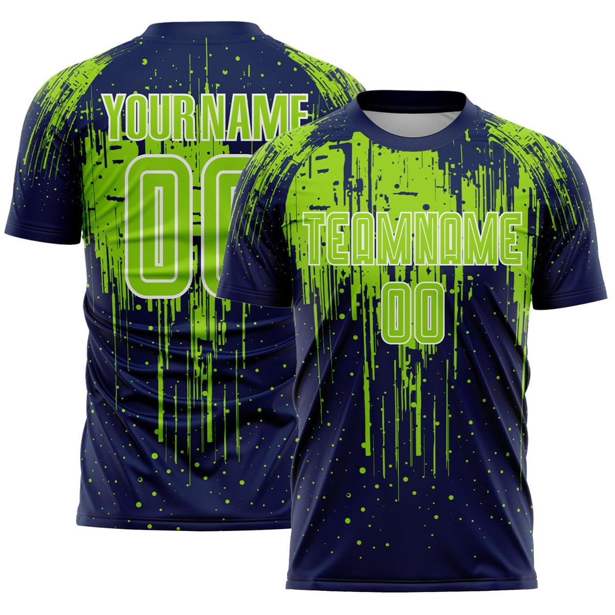 Custom Navy Neon Green-White Dripping Splatte Pattern Sports Sublimation Soccer Uniform Jersey