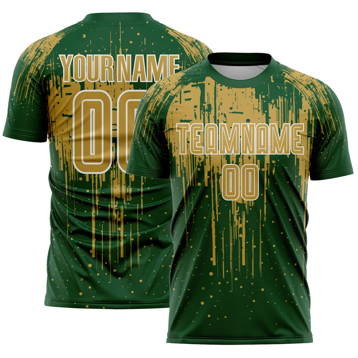Custom Green Old Gold-White Dripping Splatte Pattern Sports Sublimation Soccer Uniform Jersey