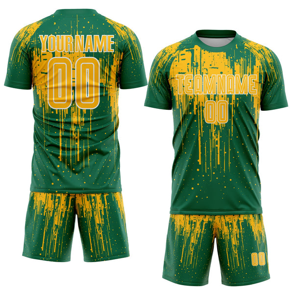 Custom Kelly Green Gold-White Dripping Splatte Pattern Sports Sublimation Soccer Uniform Jersey alternate