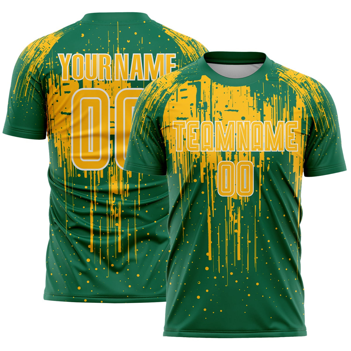 Custom Kelly Green Gold-White Dripping Splatte Pattern Sports Sublimation Soccer Uniform Jersey