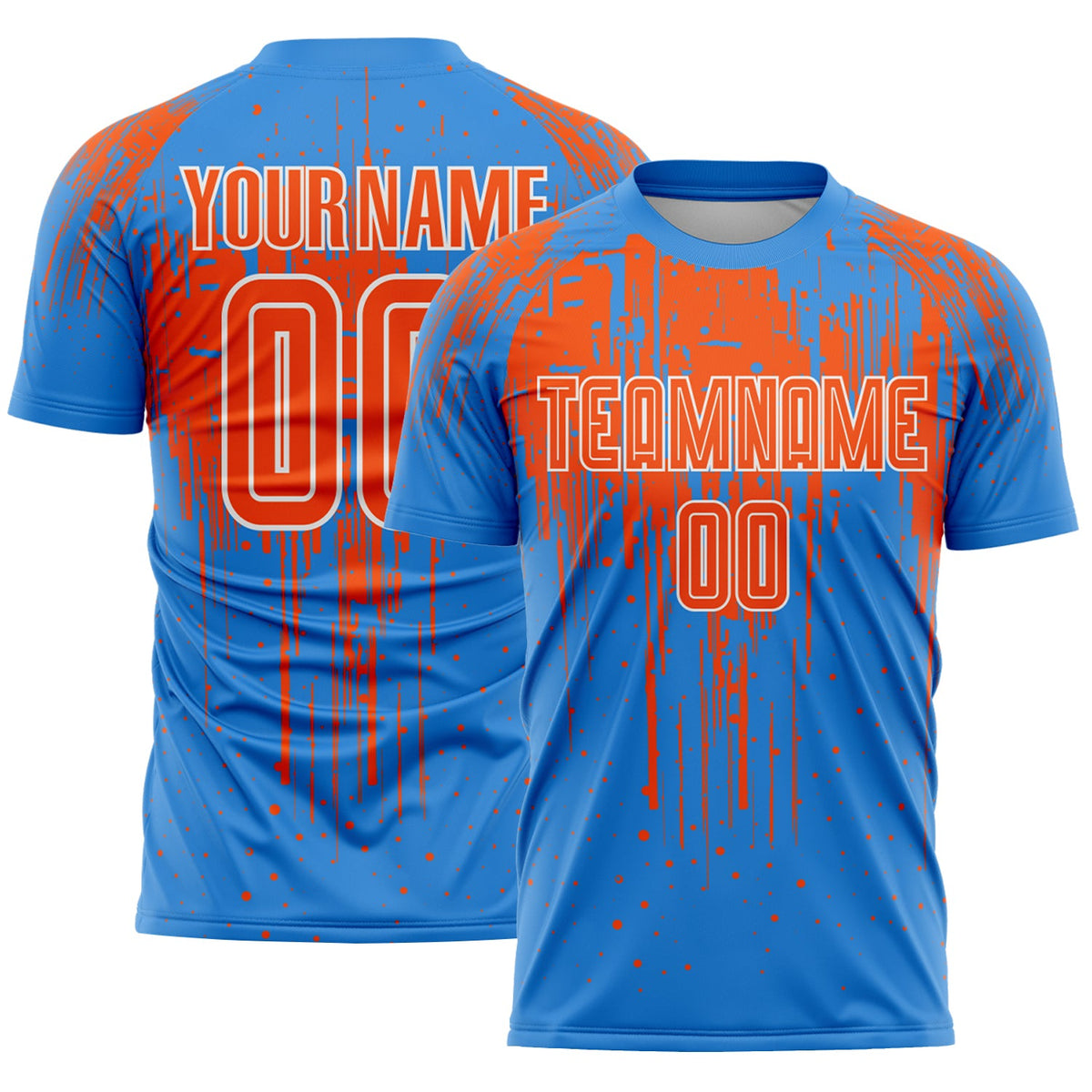 Custom Powder Blue Orange-White Dripping Splatte Pattern Sports Sublimation Soccer Uniform Jersey