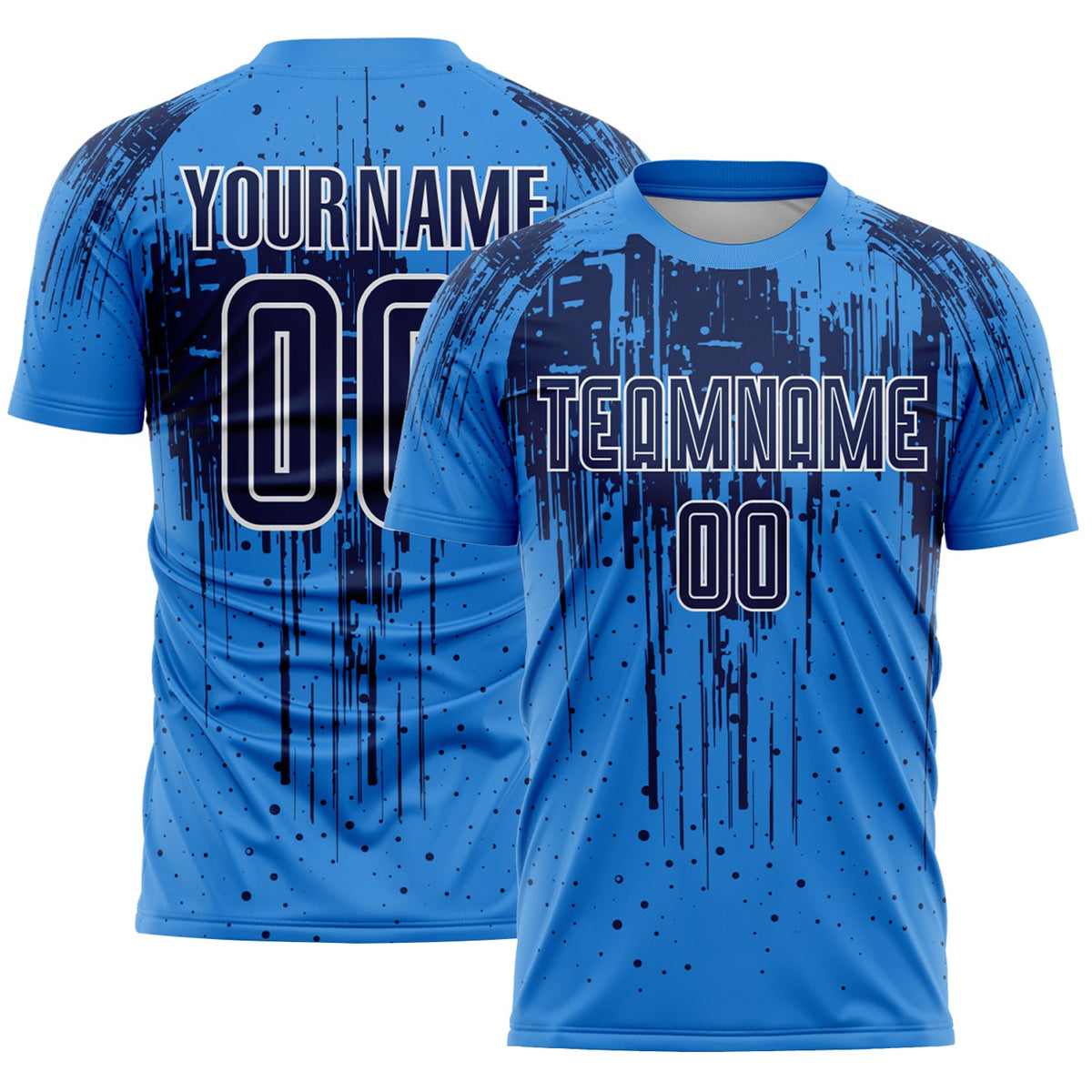 Custom Powder Blue Navy-White Dripping Splatte Pattern Sports Sublimation Soccer Uniform Jersey