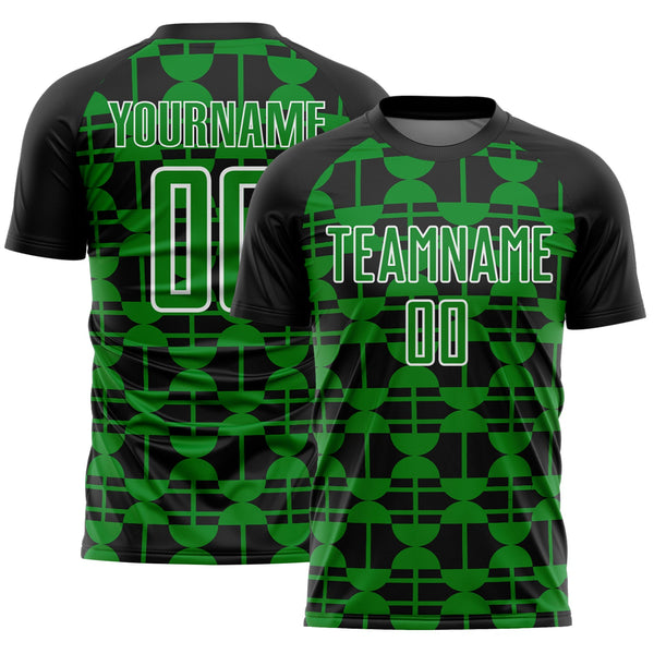 Custom Black Grass Green-White Geometric Shapes Sports Sublimation Soccer Uniform Jersey