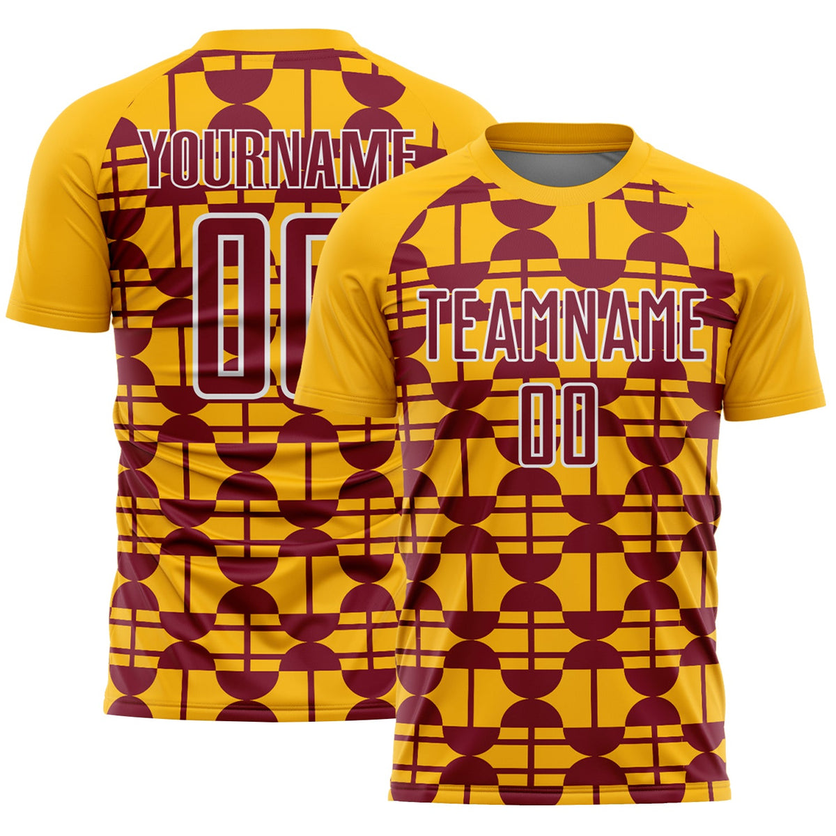 Custom Gold Crimson-White Geometric Shapes Sports Sublimation Soccer Uniform Jersey