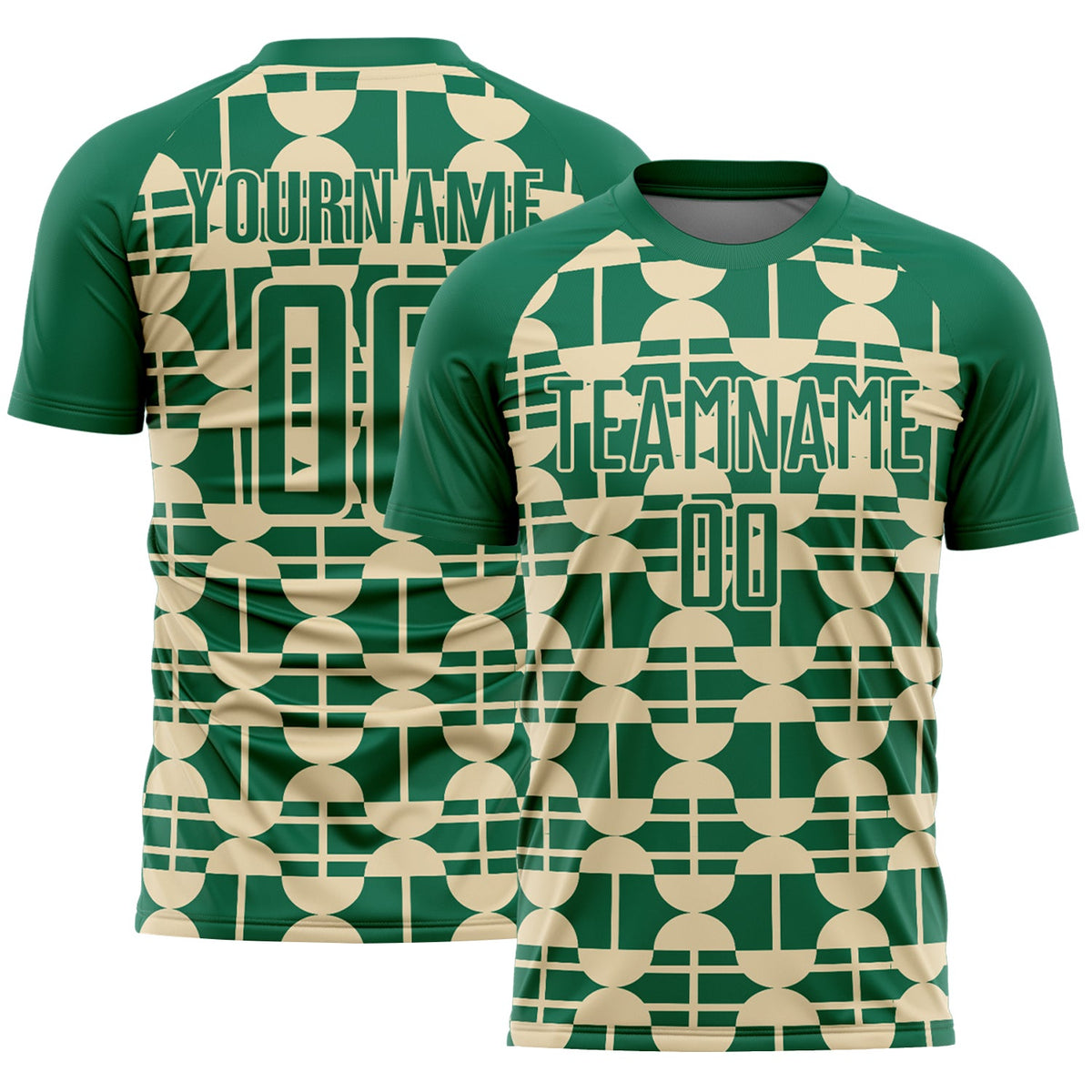 Custom Kelly Green Cream Geometric Shapes Sports Sublimation Soccer Uniform Jersey