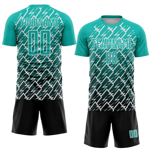 Custom Aqua Black-White Lightning Sports Sublimation Soccer Uniform Jersey alternate