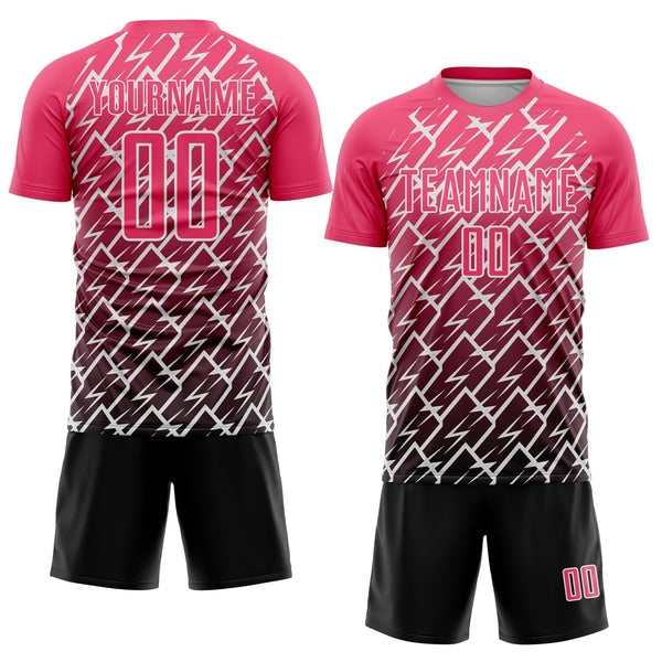 Custom Neon Pink Black-White Lightning Sports Sublimation Soccer Uniform Jersey alternate