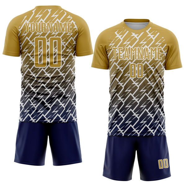 Custom Old Gold Navy-White Lightning Sports Sublimation Soccer Uniform Jersey alternate