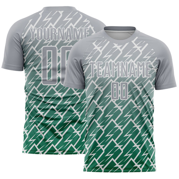 Custom Gray Kelly Green-White Lightning Sports Sublimation Soccer Uniform Jersey