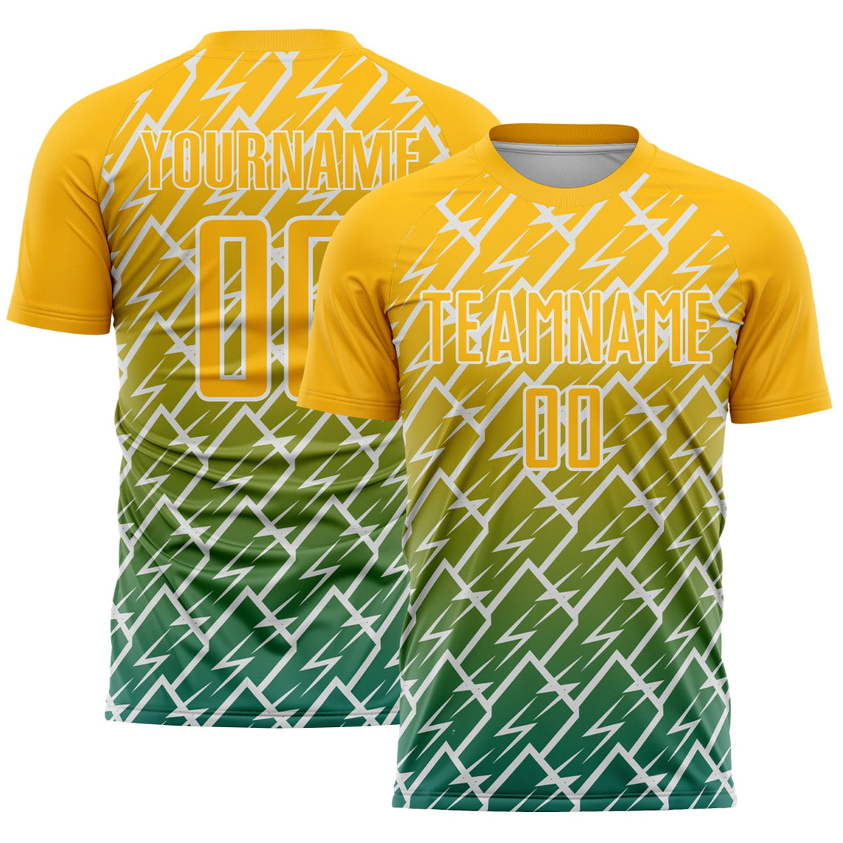 Custom Gold Teal-White Lightning Sports Sublimation Soccer Uniform Jersey