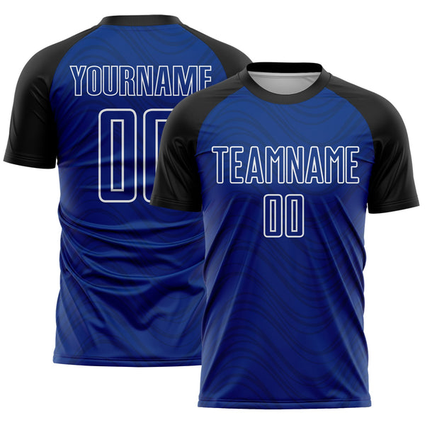 Custom Royal Black-White Wavy Lines Sports Sublimation Soccer Uniform Jersey