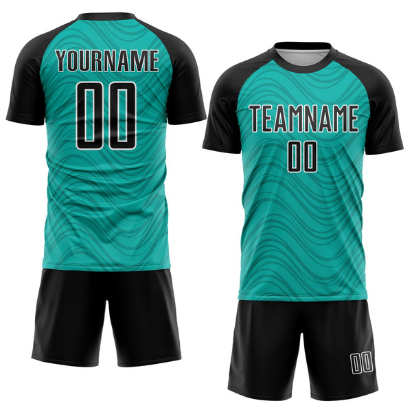 Custom Aqua Black-White Wavy Lines Sports Sublimation Soccer Uniform Jersey alternate