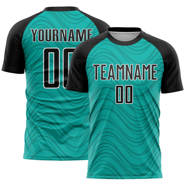 Custom Aqua Black-White Wavy Lines Sports Sublimation Soccer Uniform Jersey