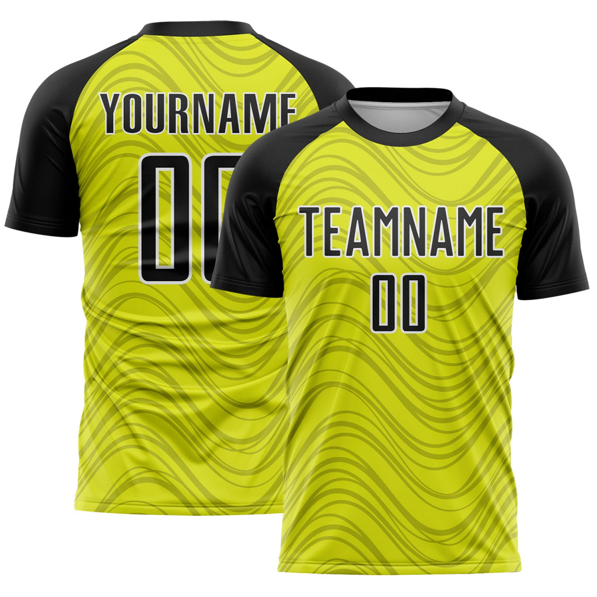 Custom Neon Yellow Black-White Wavy Lines Sports Sublimation Soccer Uniform Jersey