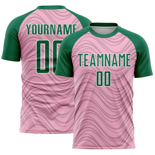 Custom Light Pink Kelly Green-White Wavy Lines Sports Sublimation Soccer Uniform Jersey