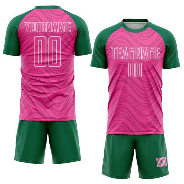 Custom Pink Kelly Green-White Wavy Lines Sports Sublimation Soccer Uniform Jersey alternate