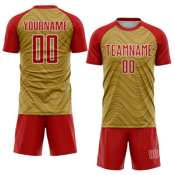 Custom Old Gold Red-White Wavy Lines Sports Sublimation Soccer Uniform Jersey alternate